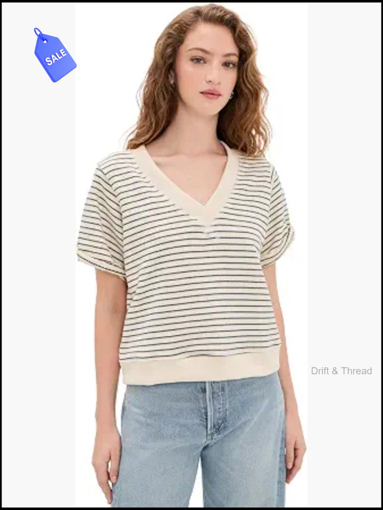 Women's French Terry V-Neck Short Sleeve Sweatshirt Pullover